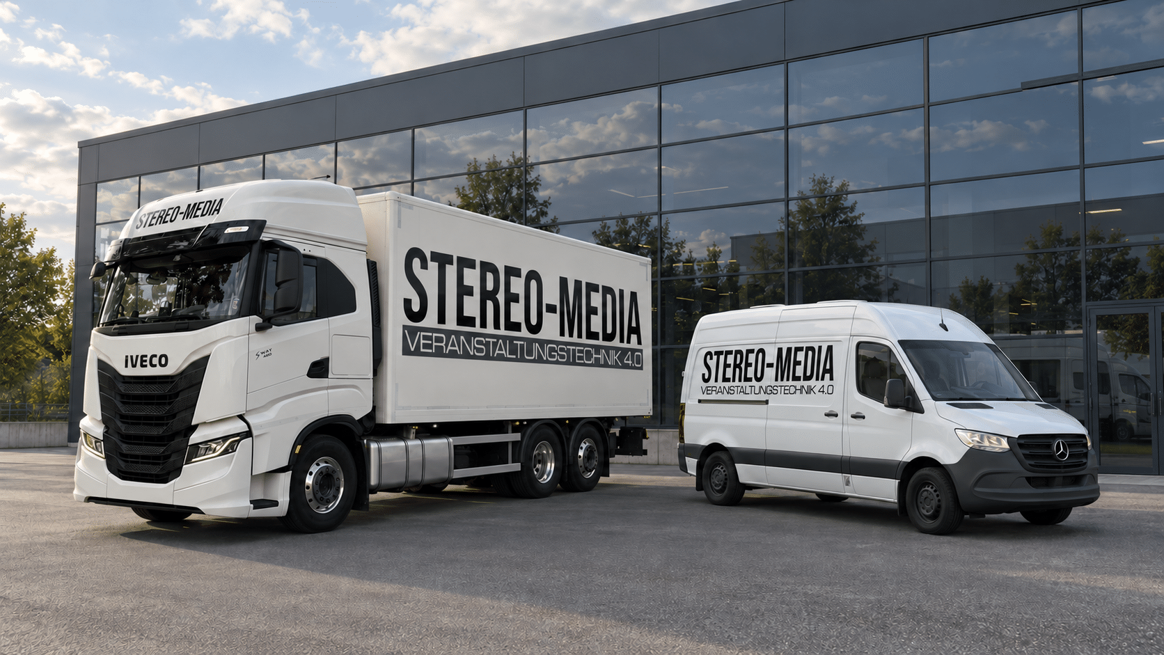 STEREO-MEDIA GmbH Fuhrpark mit Iveco LKW und Mercedes Sprinter für Transport und Eventlogistik – Fotomontage
